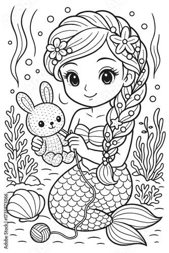 Cute mermaid knitting a bunny under the sea coloring page illustration