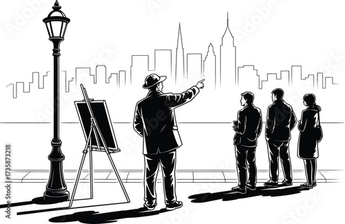 Tourist guide showing cityscape artwork. Tour group artist drawing city view vector