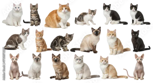 Fototapeta na wymiar Isolated group of domestic cats, variety of coat patterns, cute pets in a row, adoption drive