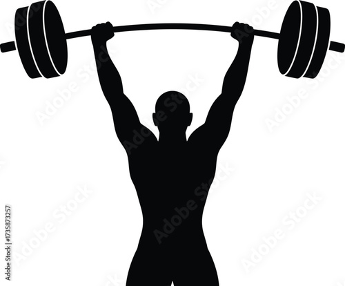 Weightlifter lifting barbell over head silhouette. Man training weightlifting workout vector icon