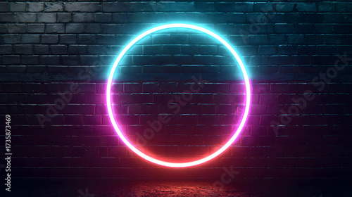 Neon circle illuminates brick wall. Pink and blue light creates a cyberpunk, abstract backdrop, great for posters, presentations, and branding.