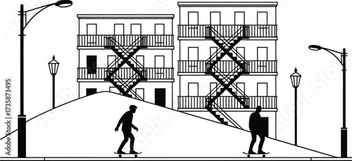 Skateboarders on Hill in Urban Town with Buildings Silhouette Vector