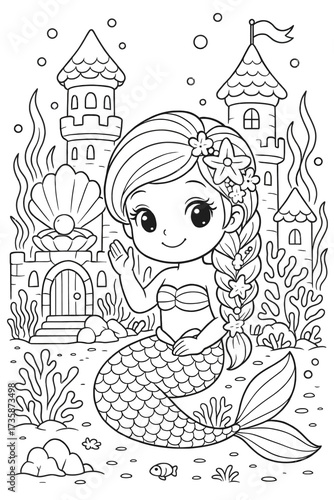 Cute mermaid with castle background in underwater coloring page design