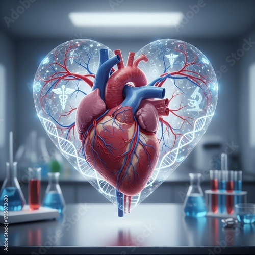 Human heart anatomy with glowing heart shape in laboratory setting  