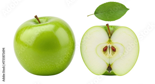 Slika na platnu Isolated fresh green Granny Smith apple cut in half with stem and leaf, healthy