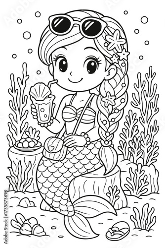 Cute mermaid with sunglasses enjoying a drink in the ocean depths drawing
