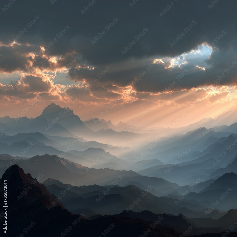 Fototapeta premium Dramatic Mountain Landscape with Sun Rays Through Clouds