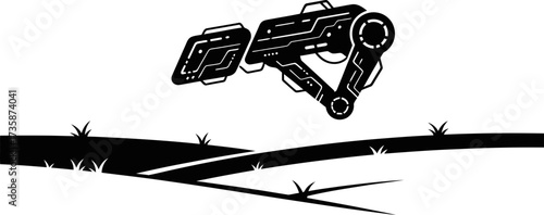 mechanical scout leaps across digital fields, exploring uncharted virtual frontiers