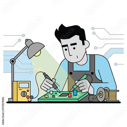 Engineer Soldering Circuit Board Multimeter Desk