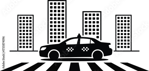 Taxi driving on crosswalk with city architecture background graphic vector
