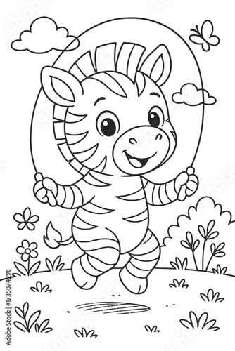 Cute zebra cartoon character skipping rope in a cheerful outdoor scene