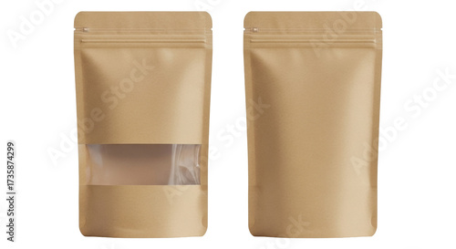 Isolated pouch bag mockup, stand up zipper packaging, product package with clear window panel