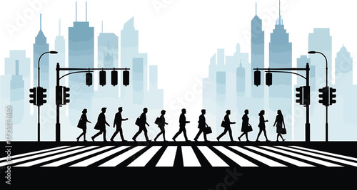 Silhouettes of People Crossing Street with City Skyline and Traffic Lights Vector Illustration