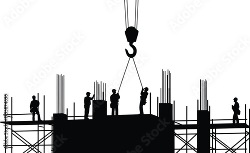Construction workers at worksite in silhouette illustration Vector design
