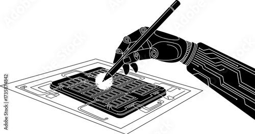 synthetic hand intricately diagrams microchips, igniting the spark of innovation