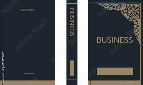 Business book cover vector, elegant dark background, gold typography and accents, professional spine layout, corporate publication design, template illustration
