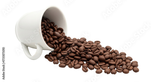 Fotografi Isolated coffee beans spilling from a tipped white mug, fresh aroma for cafe or