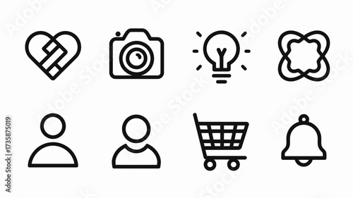 Collection of minimalist basic vector icons featuring heart camera lightbulb flower person shopping cart and bell silhouette