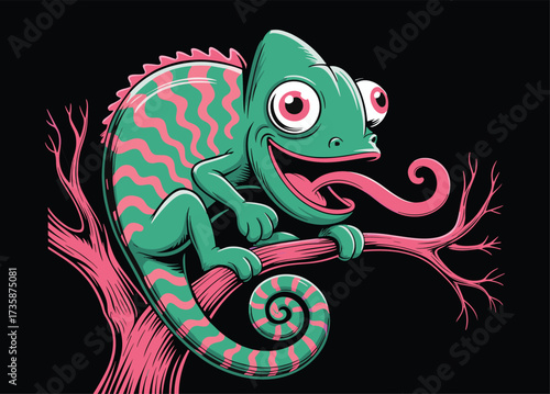 Cartoon chameleon vector, pink branch illustration, whimsical reptile design, playful animal art, vibrant colors, stylized lizard, expressive character graphic
