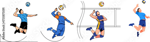 Energetic volleyball players in action, spiking and jumping to hit the ball over the net during a competitive game, showcasing athleticism and teamwork.