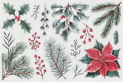 An array of hand-drawn style Christmas botanical elements including holly, poinsettias, and evergreen branches creating a festive and natural feel.