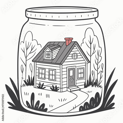 A charming cartoon house with a red chimney sits inside a glass jar surrounded by stylized trees and foliage