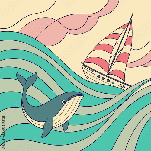 A charming illustration of a friendly whale swimming near a sailboat on wavy ocean waters under a pastel sky with abstract clouds