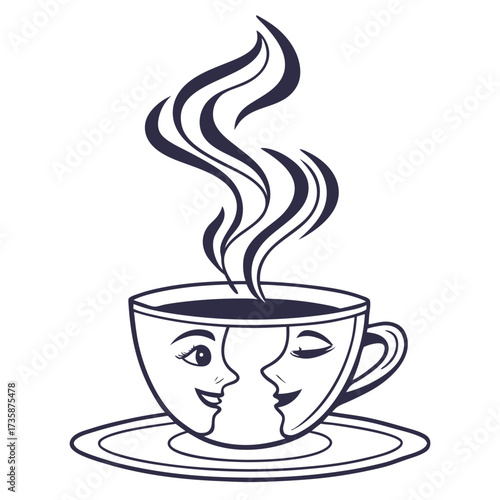 A delightful illustration of a steaming coffee cup with two faces looking at each other symbolizing connection and warmth