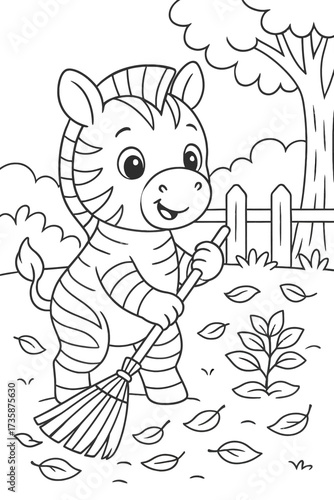 Cute zebra sweeps autumn leaves in garden coloring page illustration