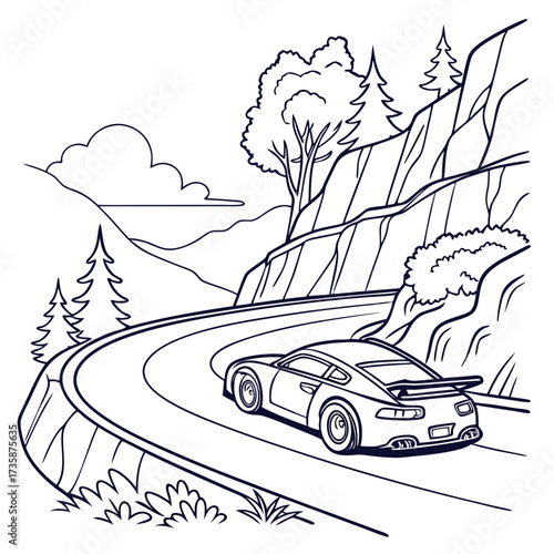 A sleek sports car navigates a winding mountain road with steep cliffs and lush trees under a cloudy sky