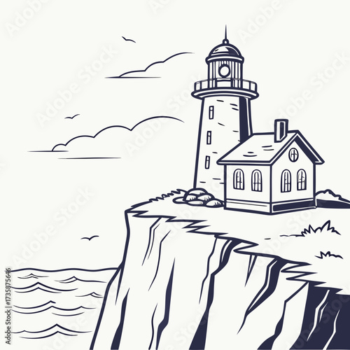 A solitary lighthouse and keeper s cottage stand proudly on a rugged cliff overlooking the vast ocean with seagulls soaring above