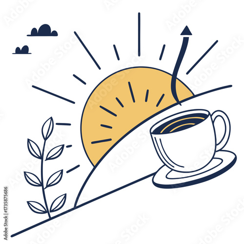 A warm sunrise illuminates a cup of coffee with steam rising upwards next to a growing plant symbolizing a fresh start