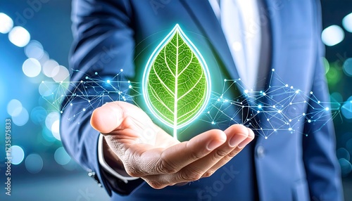 Businessman holding glowing green leaf symbol representing sustainability eco friendly technology and corporate responsibility in a connected digital world