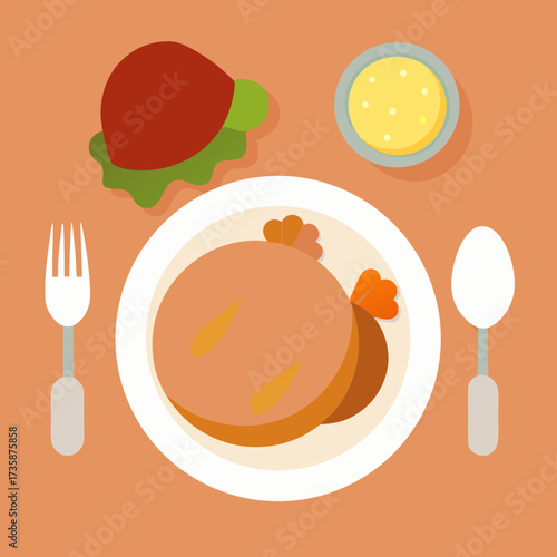 Thanksgiving Dinner Table Top View Vector _ Top view of roasted turkey with mashed potatoes, pie, and gravy.