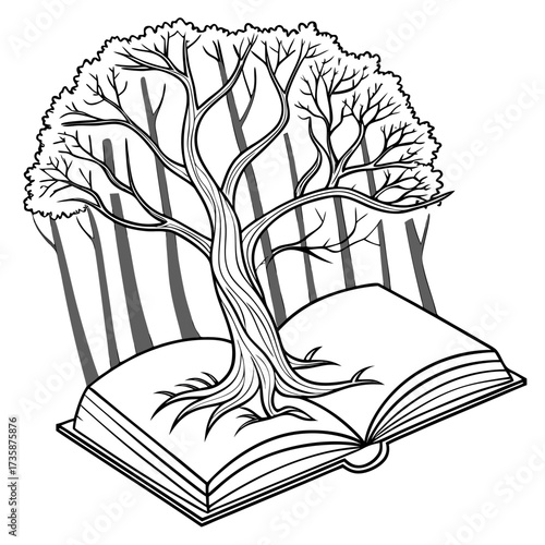An open book transforms into a flourishing tree with roots growing from its pages surrounded by a forest of trees