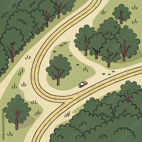 An aerial view illustration of a red car driving on a winding dirt road through a lush green forest with scattered trees and grass