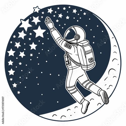 Astronaut reaching for stars in the night sky with a crescent moon in a circular graphic design illustration