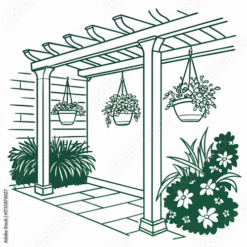 Beautiful garden pergola with hanging flower baskets and lush green plants creating a serene outdoor living space