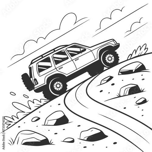 Black and white illustration of a rugged off road vehicle navigating a steep rocky and winding dirt path on a cloudy day