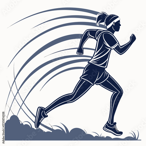 Dynamic silhouette of a female runner in motion with speed lines and grass detail representing athleticism and endurance