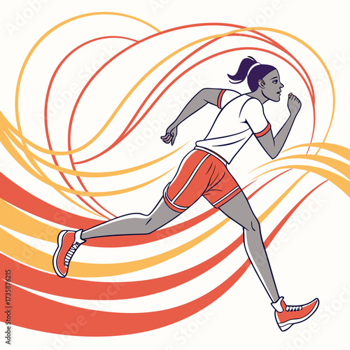 Dynamic illustration of a female athlete running with speed and determination against a backdrop of swirling colorful lines representing motion and energy