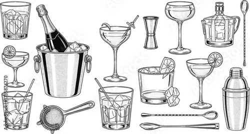 Vintage engraved illustration of cocktail tools, champagne bucket, drinkware set, bar accessories, alcohol glassware, mixology elements, bartending scene
