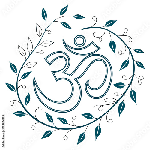 Elegant om symbol intricately framed by a delicate dark teal floral vine with leaves and swirling tendrils on a white background