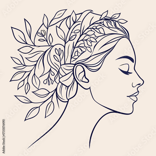 Elegant profile of a woman with her hair styled as a blooming botanical garden filled with leaves and delicate flowers