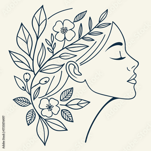 Elegant profile of a woman with flowers and leaves adorning her hair in a minimalist line art style