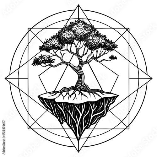 Intricate black and white illustration of a flourishing tree with exposed roots growing on a floating island within a geometric sacred symbol
