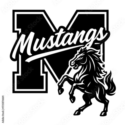 Bold varsity letter M with mustang horse illustration, perfect for equestrian team branding, school spirit wear, or custom monogram sports logos
