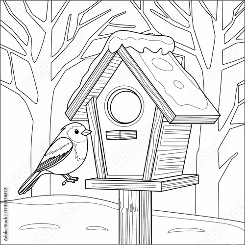 Charming line art vector illustration of a birdhouse with a bird in a snowy winter forest scene scalable eps silhouette