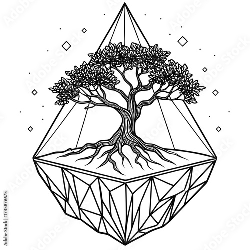 Intricate black and white illustration of a stylized tree with prominent roots growing inside a geometric crystal terrarium surrounded by small dots and diamonds