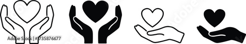 Hands holding heart icons, care and support symbols, charity vector set, emotional wellness design, black and white graphic, love illustration